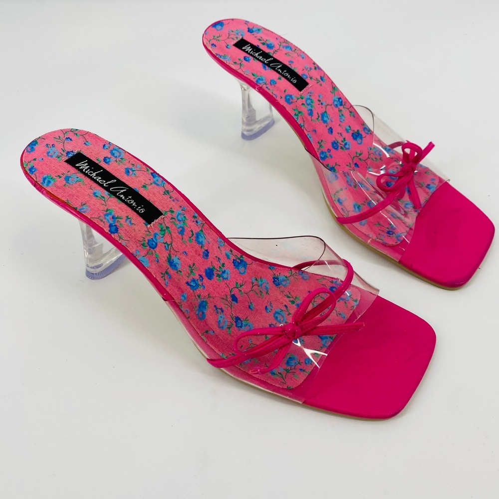 Michael Antonio‎ Y2K Sandals Women Size 8 Pink Floral Clear Heel Bow Square Toe